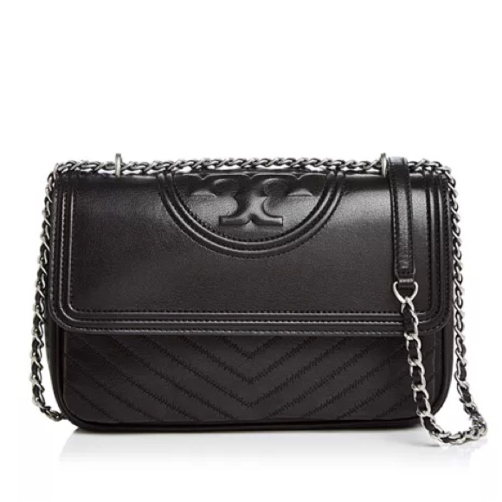 Tory Burch Fleming Shoulder Bag Metallic Black Quilted Leather Silver Chain - Picture 11 of 11